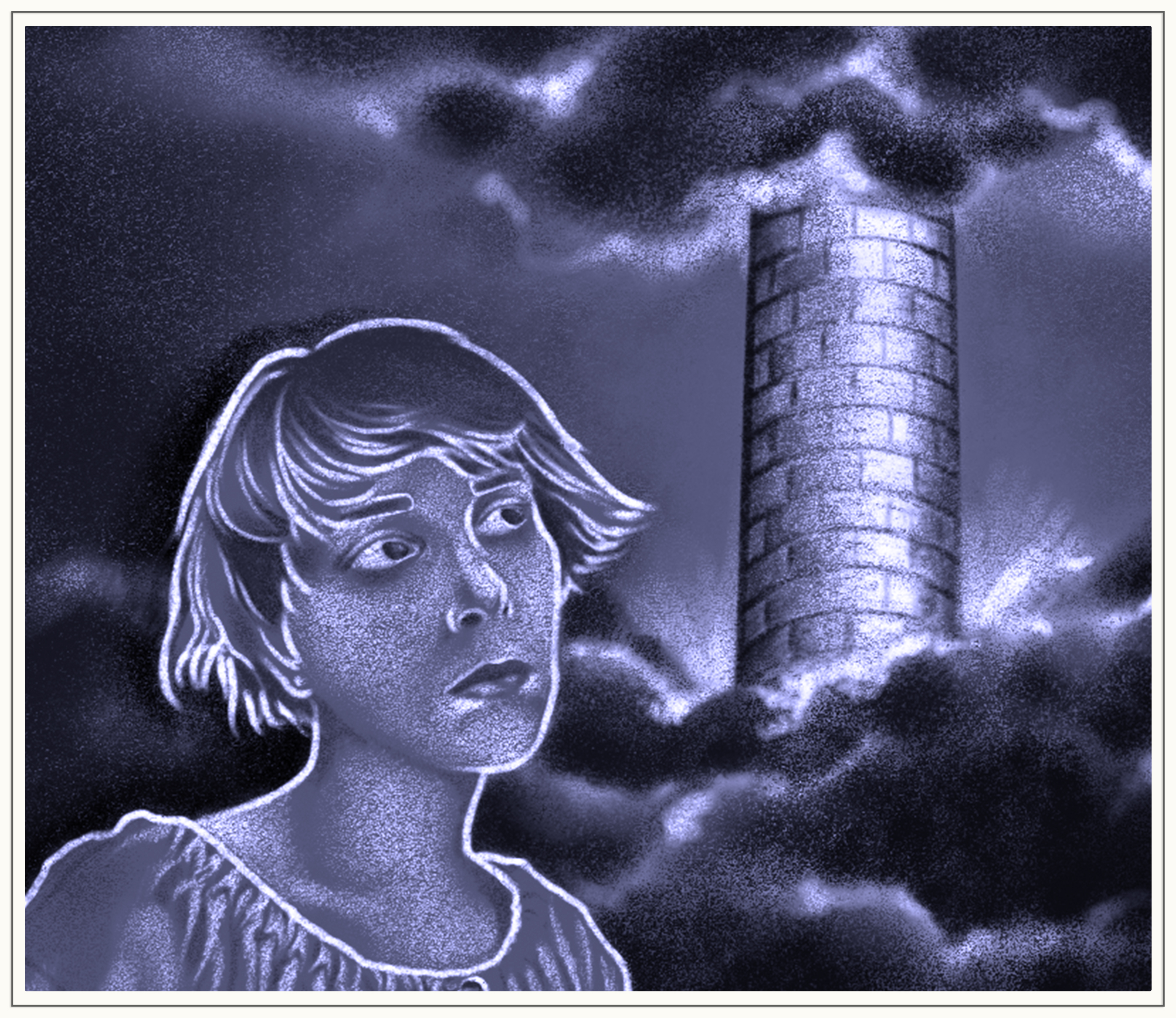 A digital drawing. A girl in the foreground looks distantly or contemplatively to her upper left with a cylindrical brick tower looming behind her. The girl has short hair. The sky is dark, almost black. Dark, stormy-looking clouds cover the top and bottom of the brick tower.