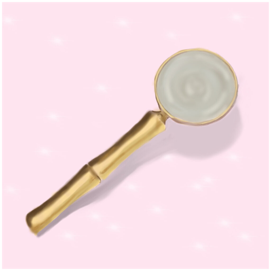 A digital drawing of a magnifying glass on a soft pink background with white sparkle accents.