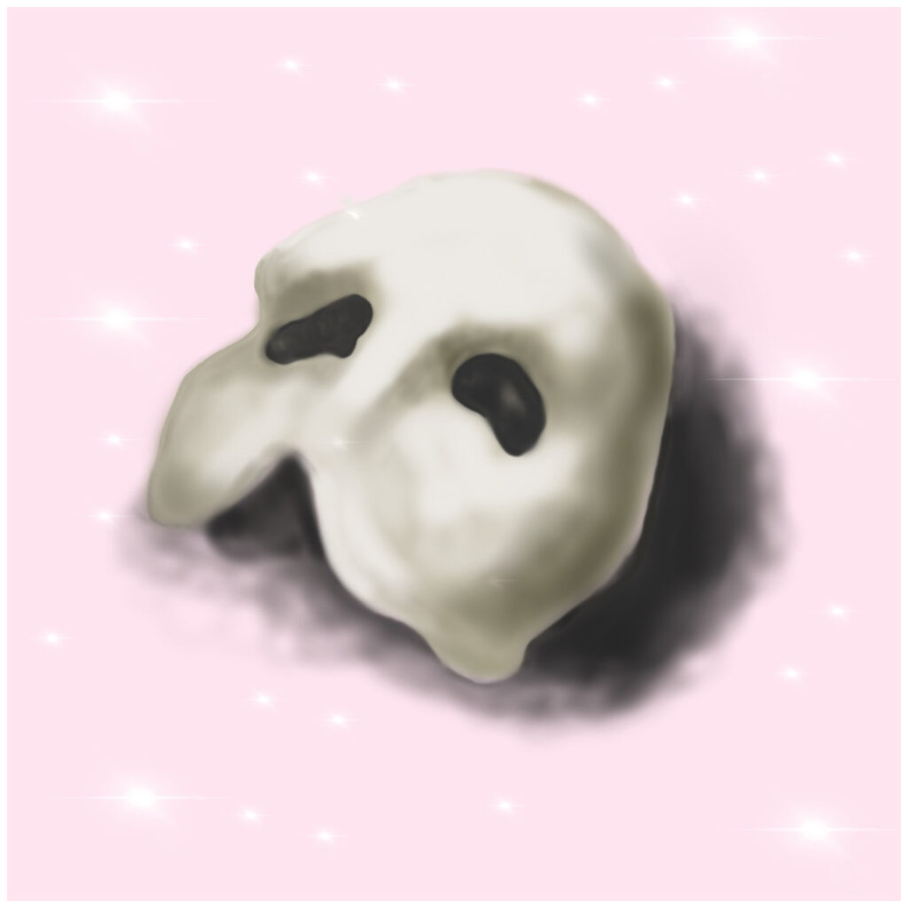 A digital drawing of a Phantom of the Opera inspired white masquerade mask on a soft pink background with white sparkle accents.